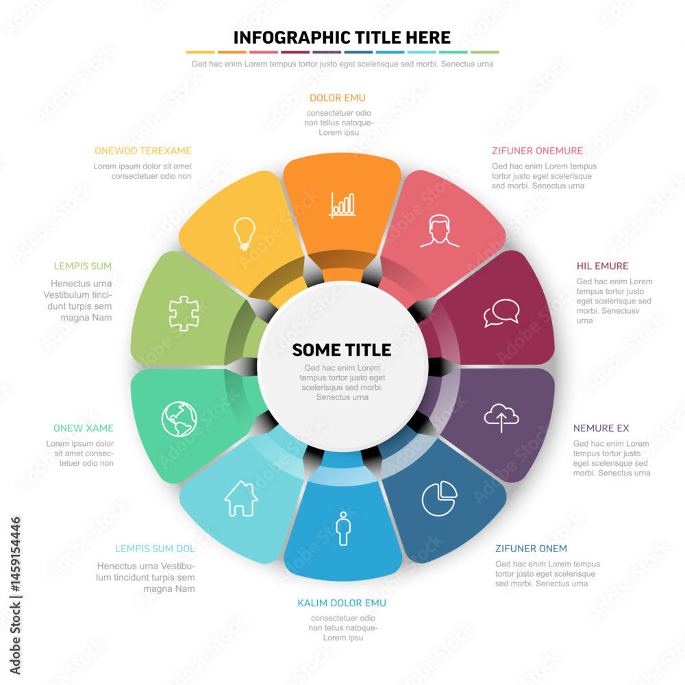 Poster colorful infographic template with a radial design and 10 distinct color segments. each segment feat