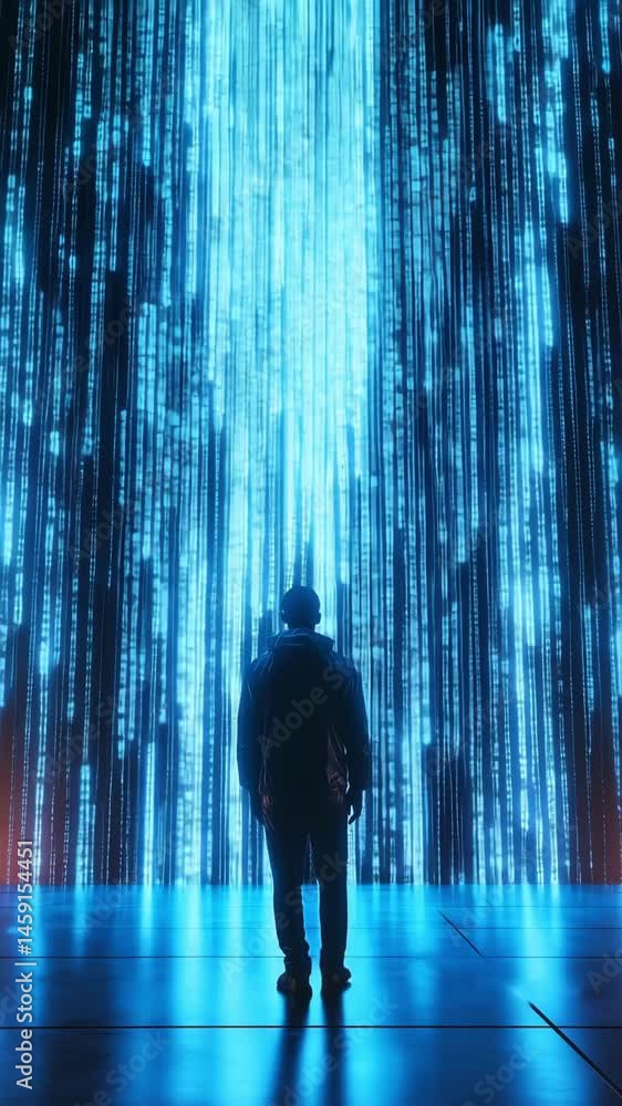Poster man stands in front of a cascading digital rain display in an urban location at night