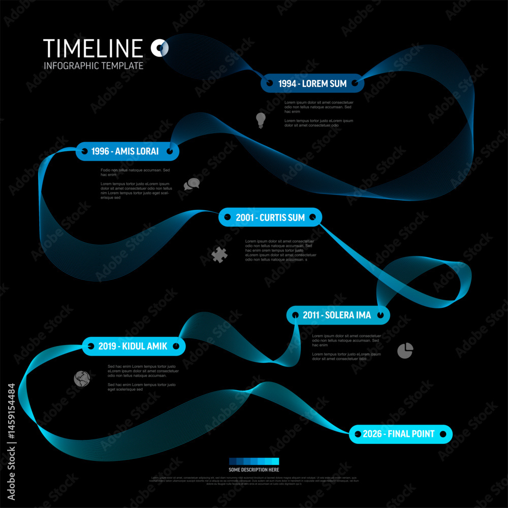 Poster modern timeline infographic template with abstract wavy line on a dark background. this digital time