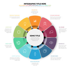 Colorful infographic template with a radial design and 10 distinct color segments. Each segment features a line icon and text box for presenting infographic information clearly