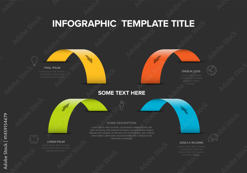 Poster modern infographic template with dark background and four curved arrows representing 4 steps. infogr