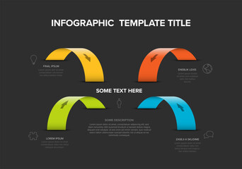 Modern infographic template with dark background and four curved arrows representing 4 steps. Infographic template is great for presentations illustrating business stages or 4 steps in processes.
