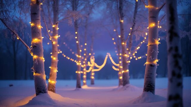 Twinkling string lights illuminating trees transform the nighttime landscape into an enchanting wonderland, enveloping the area in a warm, festive ambiance.