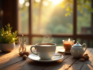 A warm cup of coffee on a saucer near a window
