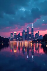 Fototapeta premium Cityscape skyline against serene lake backdrop at dusk with twinkling lights, syracuse cityscape, lake view