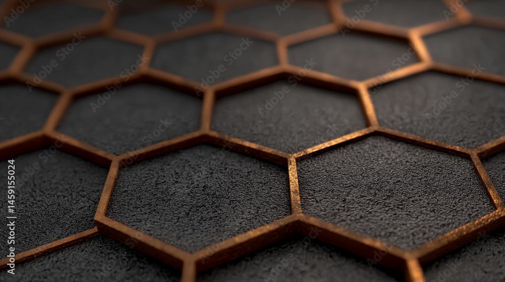 Poster Dark textured surface with bronze hexagonal frames creating a geometric pattern, showcasing a modern and elegant design, ideal for background or mockup