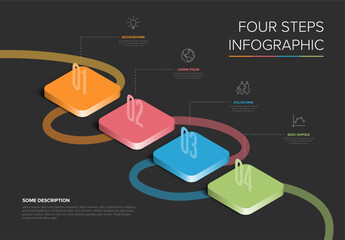 Modern four step infographic design template with isometric style cubes. Four step process infographic perfect for illustrating steps, workflow, or stages in business presentations and reports