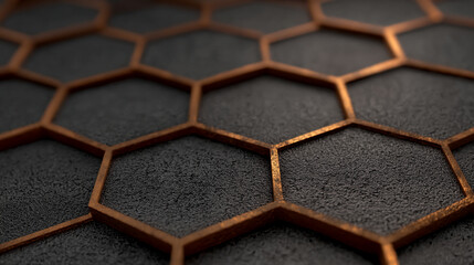 Dark textured surface with bronze hexagonal frames creating a geometric pattern, showcasing a modern and elegant design, ideal for background or mockup