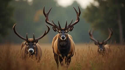 Naklejka premium Three deer with antlers in a field