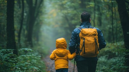 Father and son hiking in a misty forest