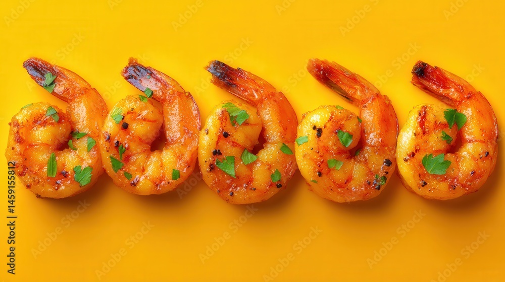 Poster succulent grilled shrimp garnished with fresh parsley on a vibrant yellow surface creating an appeti