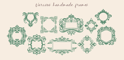 Set of ornate and ribbon frames handmade in a light, frivolous style. Ideal for posters, invitations, advertisements in vintage style. Modern digital illustration in flat style