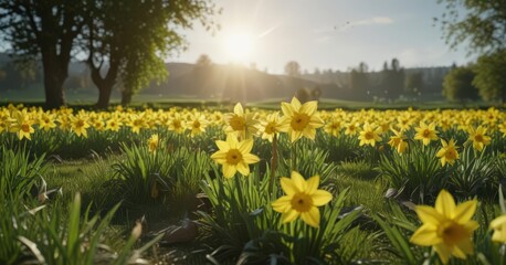 Sunlit daffodils burst forth in a vibrant yellow against a lush green field , golden, flora, spring flowers