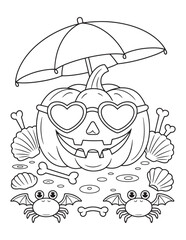 Jack-o'-Lantern with Sunglasses at the Beach – Kawaii Spooky Summer Coloring Page