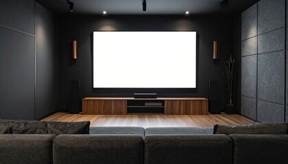 Fototapeta premium Projection Screen Mockup - Background for Application Presentation - Template for TV Screen - Wide Screen in Living Room - White Screen for Product, Interface Design - App, Web, UI Design, Home Cinema