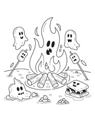 Ghosts Roasting Marshmallows at Campfire – Spooky Summer Night Coloring Page