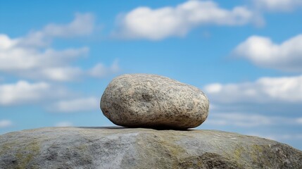A single, smooth, grey boulder rests atop a larger, textured rock against a backdrop of a bright blue sky dotted with fluffy white clouds. : Generative AI