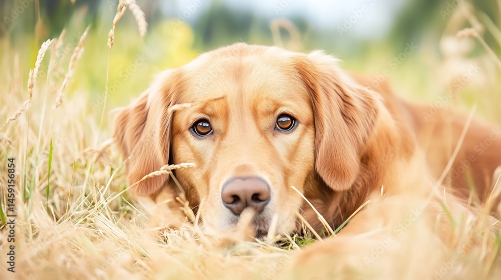 Poster golden retriever dog lying in tall grass, gazing intently at the camera. its fur is a light golden c