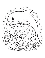 Dolphin Leaping Over Haunted Waves – Spooky Summer Ocean Line Art Coloring Page