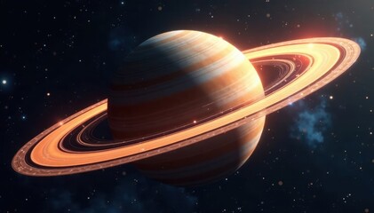 Close-up of a metallic Saturn with glowing ring system , cosmic, chrome