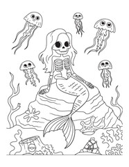 Skeleton Mermaid with Jellyfish – Creepy Cute Underwater Summer Coloring Page