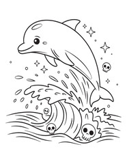 Dolphin Leaping Over Haunted Waves – Spooky Summer Ocean Line Art Coloring Page