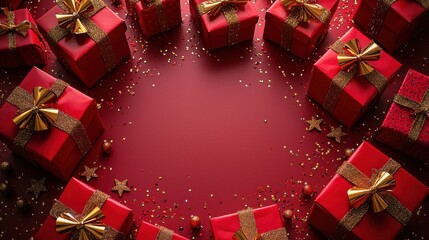 Beautiful red gifts with gold bows arranged on a vibrant red background, perfect for any celebration.