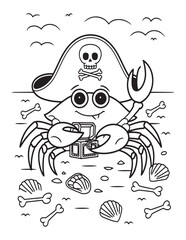 Pirate Crab with Skull Hat – Spooky Beach Coloring Page for Kids