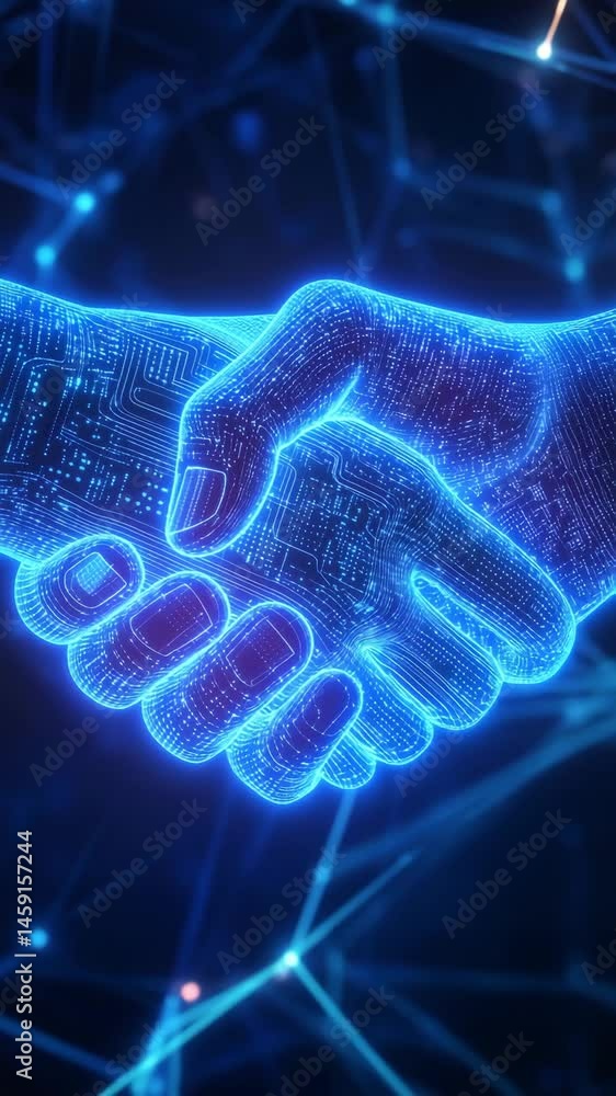 Poster two hands engage in a digital handshake, representing collaboration and advancement in technology wi