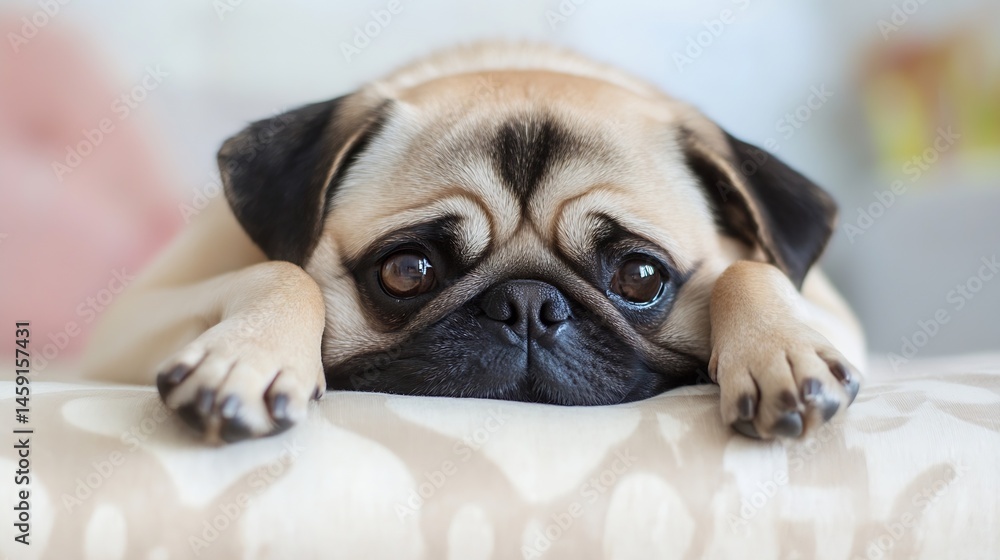 Poster adorable pug puppy resting its head on a beige cushion, showing its paws and big, expressive eyes. t