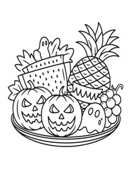Spooky Halloween Fruit Bowl – Tropical Pumpkin Line Art Coloring Page