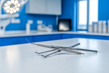 Surgical Instruments on White Table under Examination Light in a Blue and White Operating Room