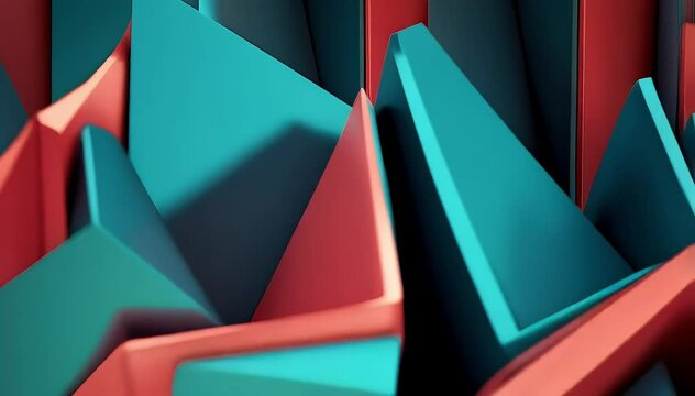 A dynamic, abstract pattern of interlocking geometric shapes creates a vibrant and textured surface with bold colors and intricate details.