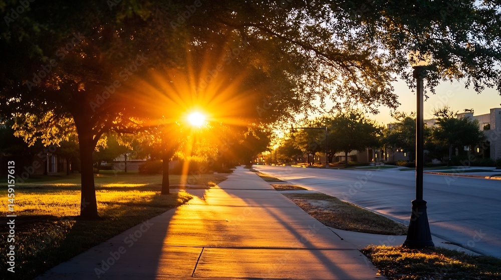 Aufkleber Sunrise illuminates a quiet suburban street, casting long shadows from trees lining the sidewalk and illuminating a lamppost, creating a peaceful morning scene. : Generative AI