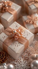 Christmas gifts wrapped with shimmering gold ribbon and ornaments, a beautiful scene.