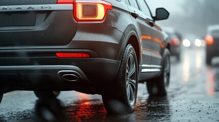 A black SUV drives on a wet road in rainy weather, with its taillights illuminated and traffic visible ahead.