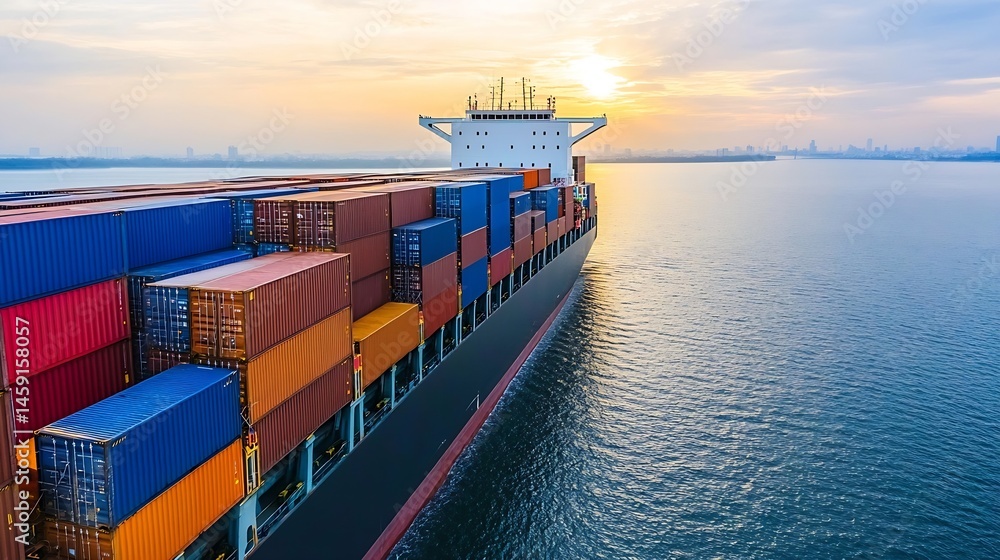 Poster large container ship sailing on ocean at sunset, carrying numerous cargo containers of various color