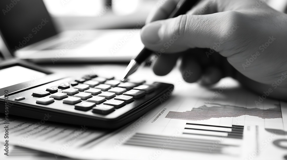 Fototapete Close-up of a hand using a calculator and pen on financial documents, analyzing data charts and graphs.  Black and white image. : Generative AI