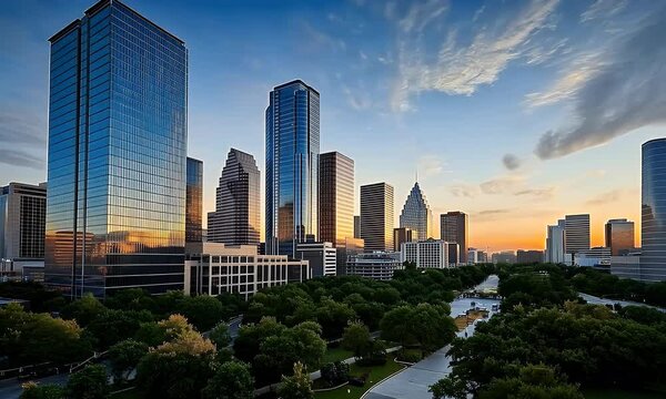 Aerial view of modern city skyline with glass skyscrapers at sunset, capturing urban skyline, glass reflections, and city architecture.