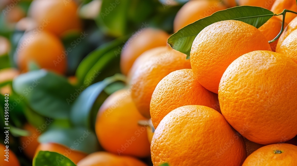 Aufkleber Close-up view of several ripe oranges clustered together on a tree branch, showcasing their vibrant orange color and textured skin, with lush green leaves visible. : Generative AI