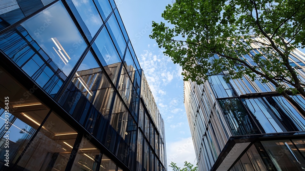 Poster Modern glass architecture reflecting blue sky, showcasing two contemporary buildings with a lush green tree in between, creating a vibrant urban scene. : Generative AI