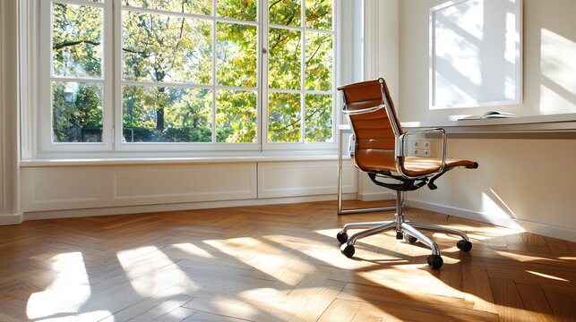 Bright office room with large windows and natural shadows, a lone white frame on wall above desk, minimalist workspace vibe, ideal for branding mockups
