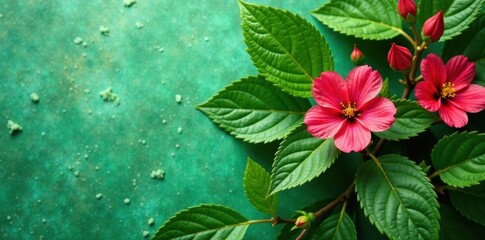 Close-up of fresh flower leaves on a green textured background with intricate details and colors, greenery images , floral