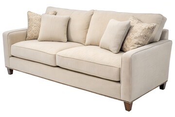 Obraz premium Neutral-toned sofa with soft cushions on white background