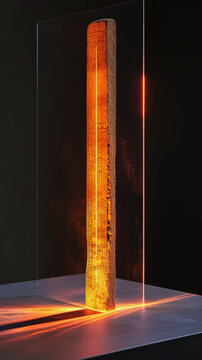 An ancient Egyptian cubit rod, inscribed with hieroglyphs, stands vertically encased in a modern glass display, illuminated by a glowing orange laser line