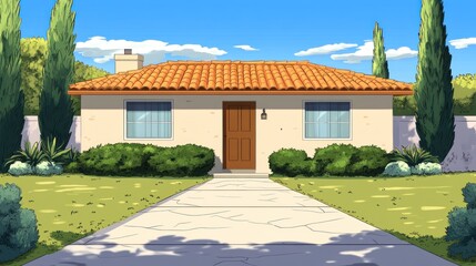 Obraz premium Single story house with orange tile roof