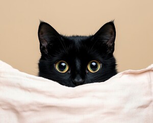 pastel background side angle of black cats hiding and peeking with alert ears realistic photo in soft natural morning light