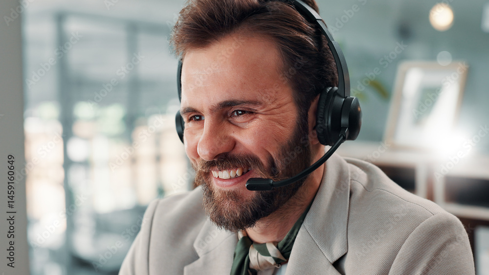 Poster man, smile and call center for communication, crm and contact us for customer service or help desk. 