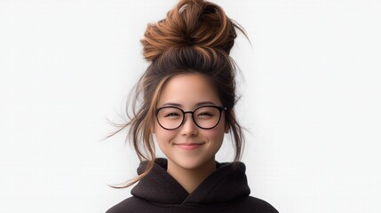 Smiling young woman with glasses and a stylish updo.