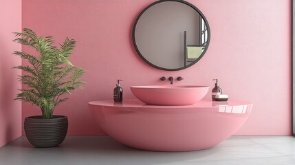Fototapeta premium Modern pink bathroom with round sink and plant.